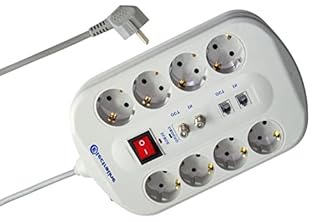 Electraline 62113 Bloc 8 Schuko Fax/Modem + 2 Prises TV avec Interrupteur Protecteur, surcharges Filtre émi/RFI Câble 3G1 1,5 m Gris
