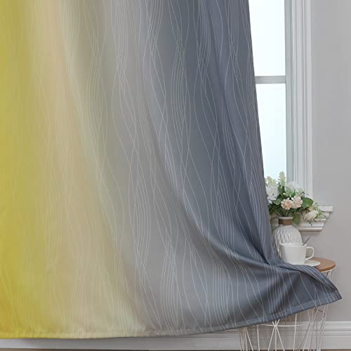 Ombre Gray and Yellow Blackout Curtains 54 Inch Length 2 panels, Full Room Darkening Curtains for Kids Room, Grommet Thermal Insulated Gradient Drapes, Light Blocking Curtains for Bedroom, 52x54 Inch