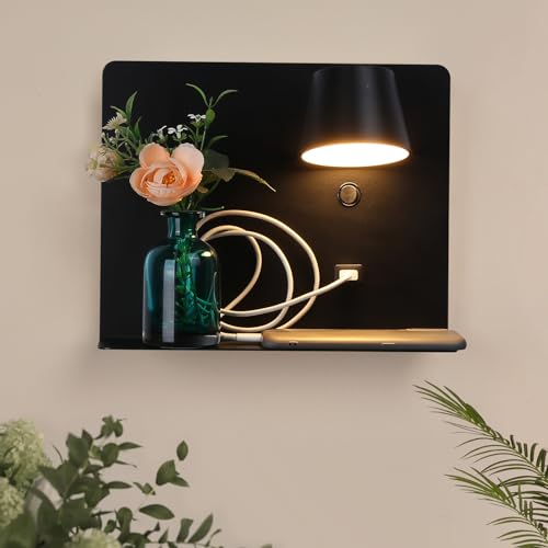 COSYLUX LED Plug in Wall Sconce with Shelf, Cordless Metal Reading Wall Lamp for Bedroom, Living Room, 6W, 450lms, 2700K Rotatable Modern Wall Light Fixtures with USB Charging Port, Black