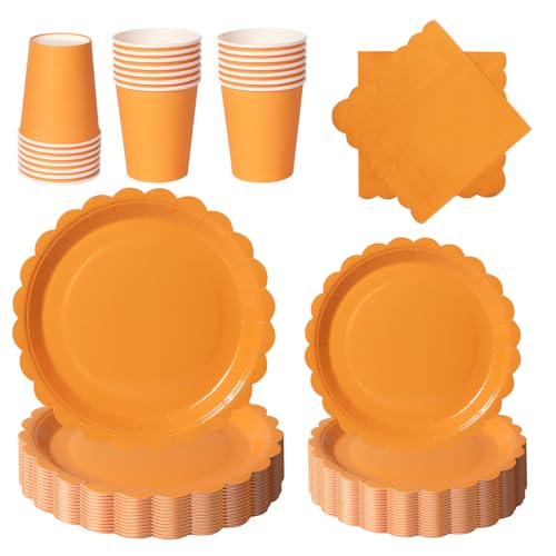 PYAILI Orange Partygeschirr, 96 Stück Pappteller Set mit Blumenmuster für 24 Gäste, Papier Teller Pappbecher Servietten für Geburtstag, Muttertag, Babyparty, Bridgerton, Teeparty
