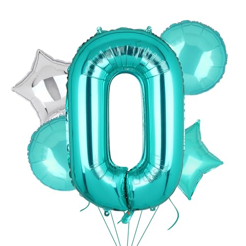 Image of Teal Blue Number 0 Balloons 40 Inch 10th 20th 30th Birthday Theme 5 Pcs | Big Helium Mylar Digital Balloon Mermaid 50th Anniversary Wedding Party Decor Supplies