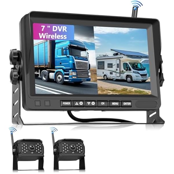 VECHTEL Bezprzewodowa kamera cofania 1080P z 7-calowym monitorem IPS, zestaw DVR+2 x kamera cofania samochodu, IP68, noktowizor, linie jazdy DIY, do ciężarówek, autobusów, Van, kamperów, SUV,