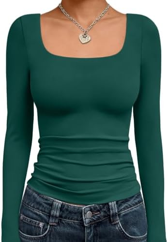Trendy Queen Womens Long Sleeve Shirts Crop Tops Basic Double Layering Tight Slim Fit Y2K T Shirts Winter Clothes 2024