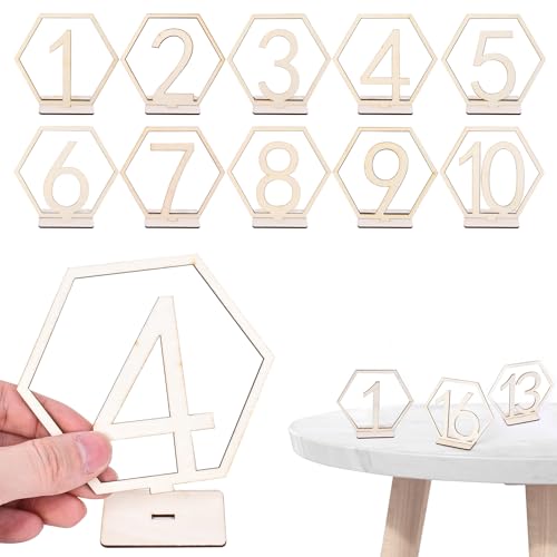 COIHAF Wooden Hexagon Table Numbers with Holder Base For Wedding Table Decoration (1-10 Numbers)