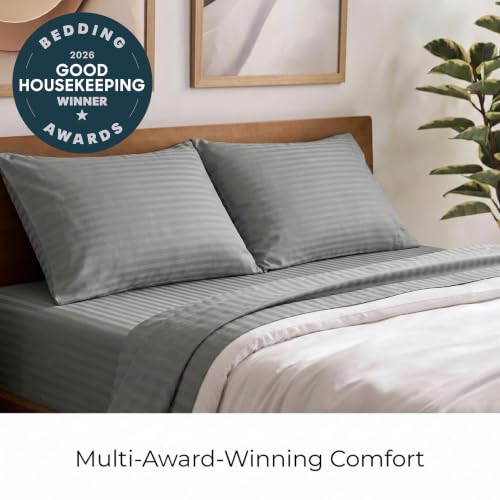 Image of Mellanni King Sheets Set - 4 PC Iconic Collection Bedding | Hotel Luxury, Extra Soft, Cooling Bed Sheets - Wrinkle, Fade, Stain Resistant (King, Striped Gray /Silver)