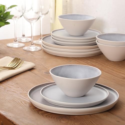 Image of Gibson Elite Coastal Forest Plates and Bowls Sets, 12-Piece Stoneware Dinnerware Sets, Triple Reactive Glaze Dish Set - Light Grey and Cream White