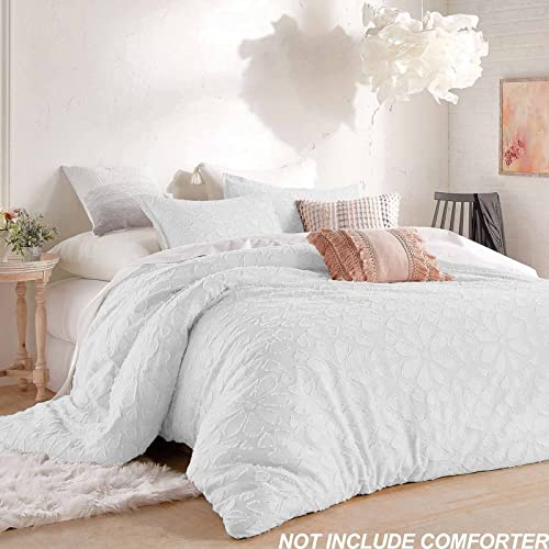 White King Size Duvet Cover Set , Tufted Jacquard Boho Aesthetic Textured Floral Flower , 3Pc 104X90 Microfiber Comforter Quilt Bedding Cover With Zip Ties - Modern Farmhouse For Men And Women Girl #TOP1