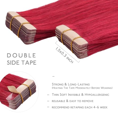 Image of WENNALIFE Tape in Hair Extensions Human Hair, 20pcs 50g 14 inch Red Remy Hair Extensions Straight Human Hair Tape in Extensions Skin Weft Tape Extensions Human Hair