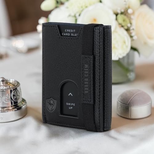 Image of URBAN CREW Smart Slim Wallet for Men - RFID Blocking Leather Card Holder with Swipe-Up Slot & Elastic Strap - Minimalist Front Pocket Wallet (BLK-786)