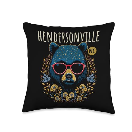 Hendersonville NC USA Designs and Souvenirs Hendersonville NC Fun Bear Wearing Glasses Flowers Design Throw Pillow, 16x16, Multicolor