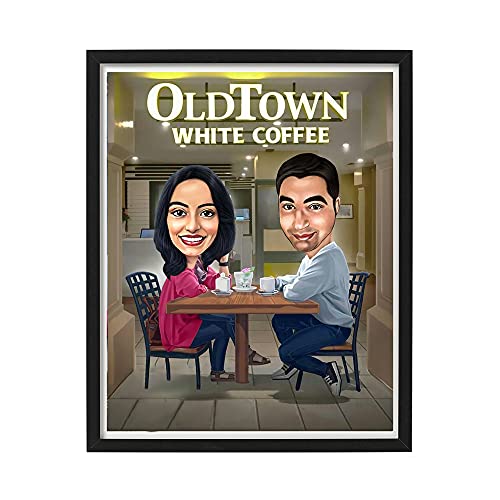 Image of DK Decors Personalized Caricature Photo Frame Custom Cartoon Portrait from Photo, Date Cafe Dinner Gift for Couple, Husband & Wife (8x10 Inch)