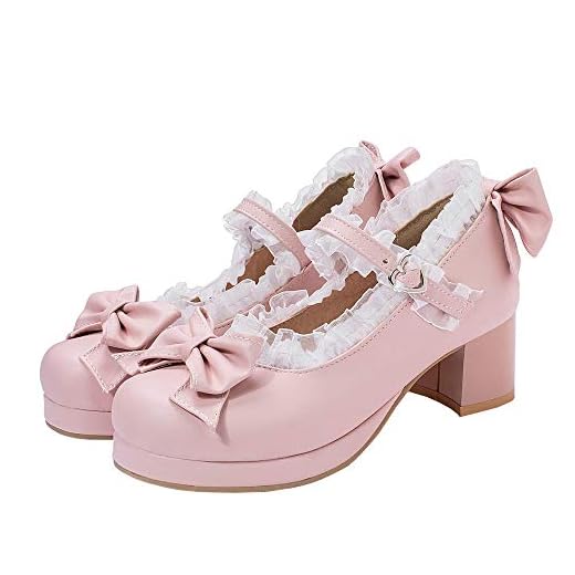LUXMAX Women Kawaii Shoes Mid Block Heel Mary Jane Rockabilly Pumps with Bow, Size 8 M US,Pink