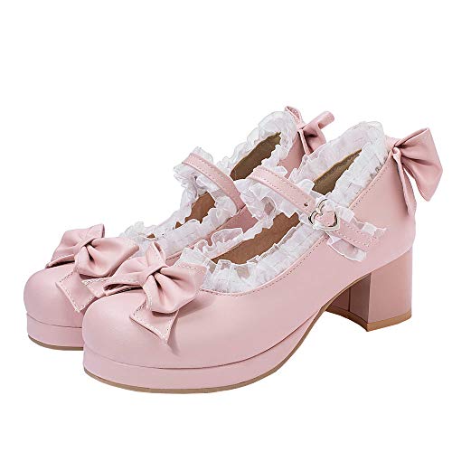 LUXMAX Women Kawaii Mid Block Heel Mary Jane Rockabilly Pumps with Bow Platform Chunky Heel Cute Sweet Shoes, Size 10 M US,Pink by LUXMAX - Used condition - US$33.31