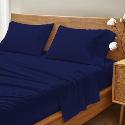 THREAD SPREAD 100% Organic Cotton Bed Sheet Set - Crisp and Cooling Percale Weave, Soft Breathable, Eco-Friendly, 4 Piece Bedding Set, Deep Pocket with All-Around Elastic, (Full, Navy)