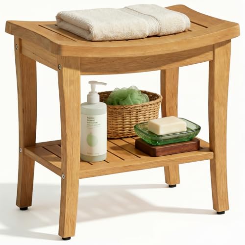OTSUN Teak Shower Bench Seat - 20 Solid Wood Stool Waterproof Teakwood Shower Bench Chair with Storage Shelf 500 Lbs Capacity for Bathroom Indoor & Outdoor Use