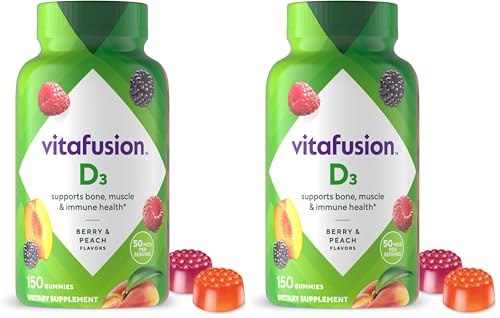 Image of Vitafusion Vitamin D3 Gummies,Bone and Immune Support,Peach,BlackBerry,Strawberry Flavored,50 mcg D3 Gummy Vitamin Supplement,75 Day Supply,150 Count (Pack of 2)