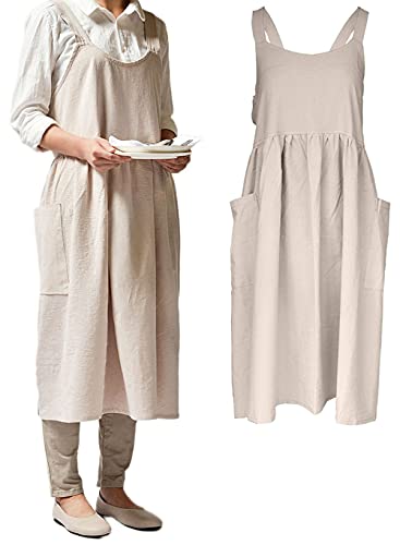 Women Girls Vintage Cute Apron Gardening Works Cross Back Cotton/Linen Blend Aprons Pinafore Dress With Two Pockets (Beige) #TOP11