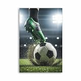 Green Soccer Cleats Kicking Ball Poster Grass Pitch Action Canvas for Living Room Bedroom Decor 08x12inch(20x30cm) Unframe-style