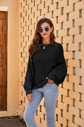 Fessceruna Damen Pullover Oversize Fledermausärmel Strickpullover Winter Rundhals Pulli Geripptes Sweatshirt(Schwarz, L)