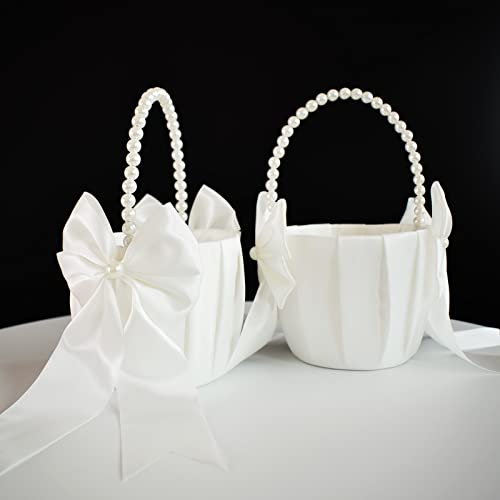 ATAILOVE Flower Girl Basket with Pearl Handle, Ivory Fariy Wedding Flower Baskets for Weddings, Set of 4 - Thumbnail 7