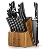 Knife Set, Emojoy 17-Piece Kitchen Knife Set with Heavy-Duty Acacia Block, Premium Titanium Stainless Steel Knife Block Set with Built-in Sharpener, Rust Proof