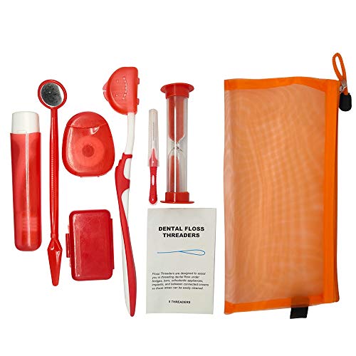 Net Bag Portable Orthodontic Care Kit Orthodontic Toothbrush Kit for Orthodontic Patient for Braces Travel Oral Care Kit Dental Travel Kit Interdental Brush Dental Wax Dental Floss (8 Pcs/Pack)-Orange