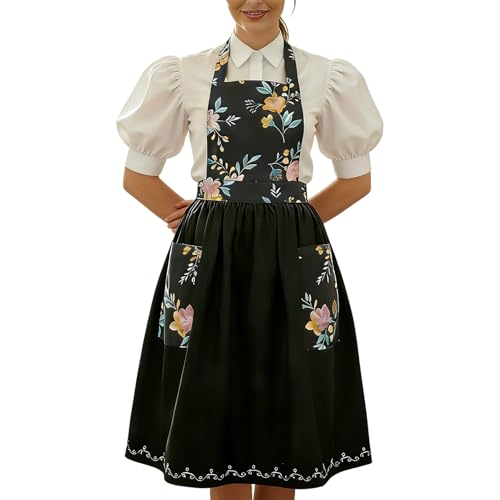 Tablier de cuisine floral, tablier de cuisine esthétique, tablier réglable pour adulte avec poches, tablier de protection en tissu de coton, motif vintage élégant, tablier de chef pour barbecue