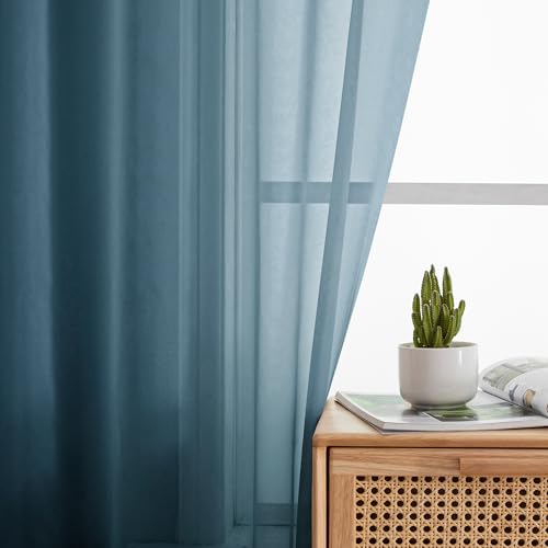 Image of Simplebrand Dusty Blue Short Sheer Kitchen Curtains 36 Inch Length Tier Rod Pocket Cafe Drapes Half Window for Bathroom Small Windows 42 x 36 Inch, 2 Panels