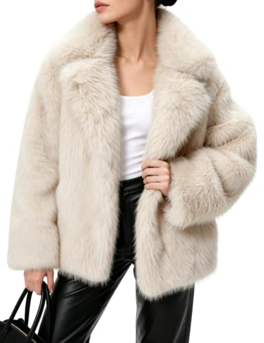 Flygo Womens Fluffy Shaggy Faux Fur Coat Lapel Short Winter Jacket(Beige-S)