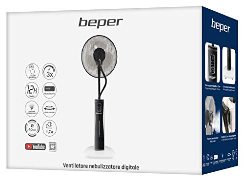 BEPER VE.510 – Ventilatore nebulizzatore digitale, Ventilatore Silenzioso, Oscillante, 3 velocità e 3 modalità, con Timer 12 ore e Ruote, Mist Fan, 75 W, Bianco e Nero