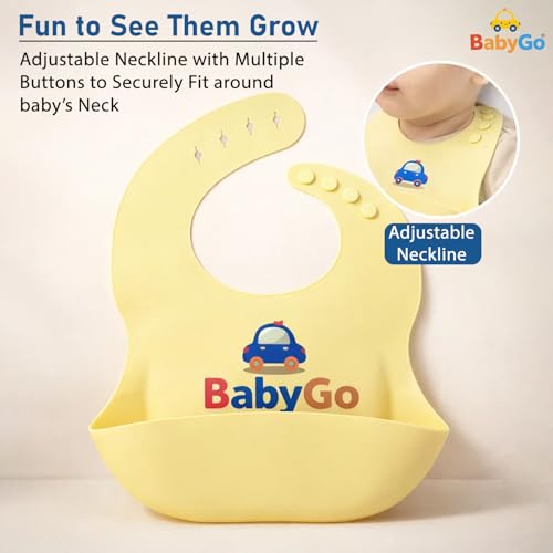 Image of BabyGo Silicone Bib for Feeding & Weaning | Adjustable Neckline with Buttons | BPA Free | Waterproof | Washable & Reusable | 0-24 Months | Soft, Mess Proof Baby Feeding Bib | Yellow | Pack Of 1
