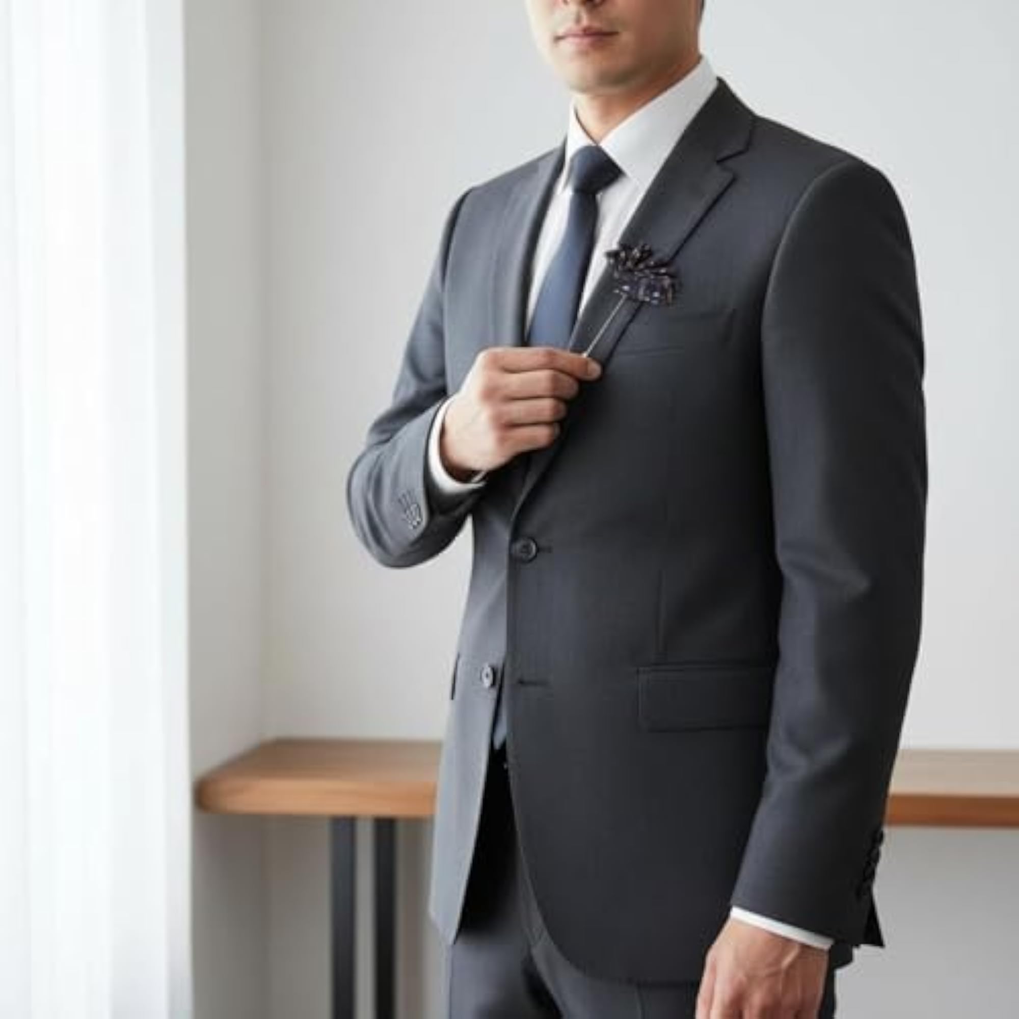 Men's Elegant Flower Design Suit Boutonniere Lapel Pin with Pocket Square