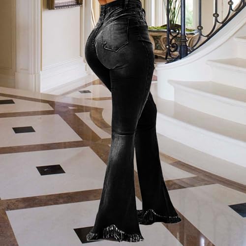 70s Bell Bottom Jeans for Women Elastic High Waisted Raw Hem Denim Pants Classic Vintage Flared Jeans2