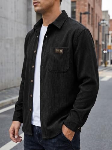 Image of IndoPrimo Men's Corduroy Shirt | Premium Ribbed Full Sleeve Casual Overshirt | Button-Down Solid Shirt with Chest Pocket | Regular Fit