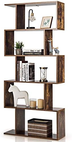 COSTWAY Wooden Bookcase, 5/6 Tiers Freestanding Storage Shelf, Home Office Industrial Decorative Bookshelf Display Stand Rack (Brown, 70 x 24 x 158cm)