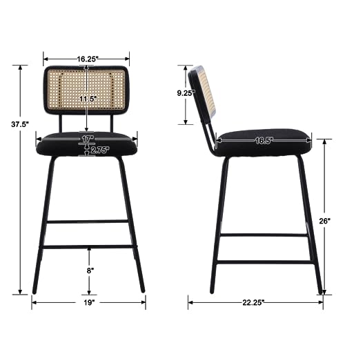 Image of Bar Stools Set of 4, 26 inch Modern Rattan Counter Height Bar Stools with Metal Legs, Upholstered Sherpa Barstools with Cane Backrest for Kitchen Home Bar Restaurant, Black