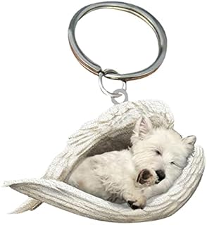 pulunto Cute Sleeping Angel Dog Pendant, Acrylic Dog Sleeping in Angel Wings Model Hanging Keychain Pendant for Auto Interior Home Stationery Decor