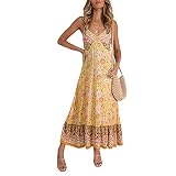 Verano Floral sin Espalda Fibra de PoliéSter sin Espalda Mujeres Flor Maxi Vestido Correa de Espagueti Volantes Dobladillo Fiesta Moda (SG)