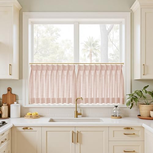 Image of TWOPAGES 34 inch inch W x 45 inch inch L Linen Blend Cafe Curtains for Kitchen Window, Light Filtering Pinch Pleated Tier Curtains, Modern Farmhouse Half Window Curtains for Small Window, Pink Lemonade, 2 Panels