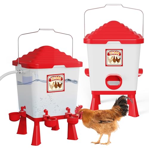 YONOOQ Chicken Feeder and Waterer Set, 5 Gal/26 Pound, Chicken Waterer with Automatic Float Valve, No Waste Poultry Feeder, Chick Coop Accessories, Suitable for Chicken, Duck, Turkey