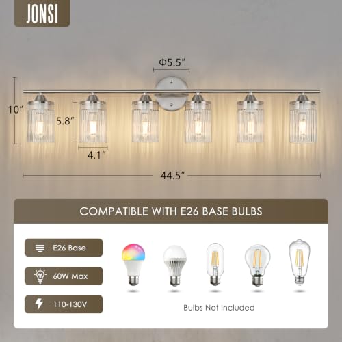 Image of Jonsi Nickel Bathroom Light Fixtures 6-Light Vanity Lights Modern Wall Sconce with Clear Glass Shade Brushed Nickel Bathroom Light Fixture Over Mirror for Bedroom Hallway Kitchen