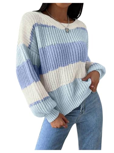 SHENHE Girl's Crewneck Color Block Sweater Long Sleeve Chunky Knit Sweater Pullover Jumper