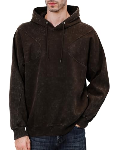 INVICTUSY Men's Oversized Hoodie Pullover Acid Wash Plush Cotton Hooded Fleece Sweatshirt Streetwear Unisex Casual Hoodies C Brown