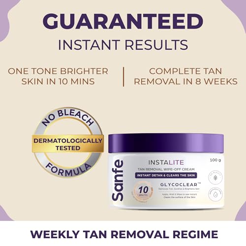 Image of Sanfe Detan Cream Instalite Detan Wipe Off 100 gm | With Glycoclear Technology | 1 Tone Brighter in 10 mintues | For Legs, Arms, Underarms and Back | Detan Cream Pack for Tan Removal & Glowing Skin