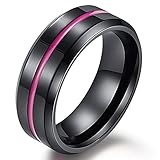 Mens 8mm Stainless Steel Channel Set Pink Epoxy Wedding Engagement Black Grooved Band Beveled Edges Ring Size 10