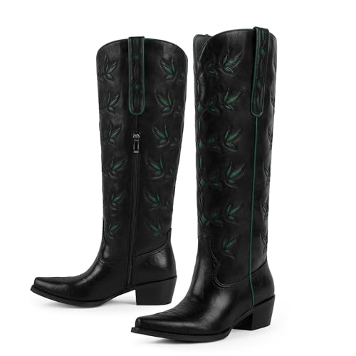 QIY Black Cowboy Boots for Women Embroidered Pointed Toe Cow Girl Classic Block Heel Nashville Knee High Western Cowgirl Boots Size 7 — view 5
