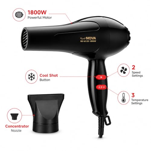 Image of Nova 6130 Hair Dryer 1800W Powerful Hot & Cold Air Blow Dryer for Women & Men | Lightweight Hair Dryer with Styling Nozzle for Home & Travel Use