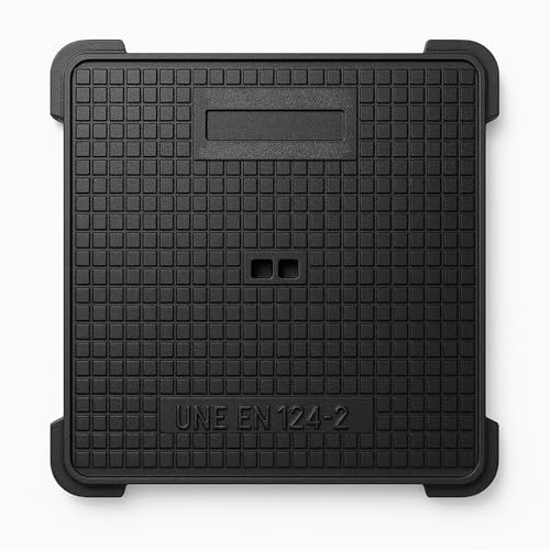 Tapa arqueta 50x50 hierro fundido clase B125 – Marco con lengüetas, superficie antideslizante, hasta 12.500 kg, uso en aceras y zonas petaronales, normativa UNE EN 124