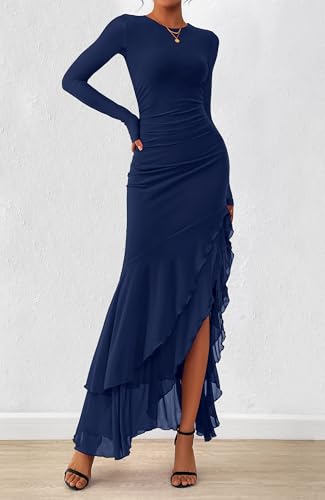 BTFBM Women's Maxi Dresses Fall 2025 Long Sleeve Ruched Bodycon Solid Ruffle Mermaid Cocktail Wedding Guest Dress