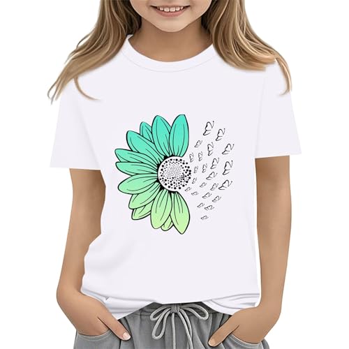 Girls Loose Fit Sunflower Graphic T Shirts Short Sleeve Crewneck Cute Pattern Printed Tops Kids (I-White, 3-4 Years)